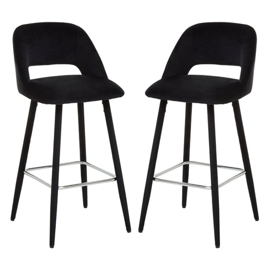Read more about Warns black velvet bar chairs with silver footrest in a pair
