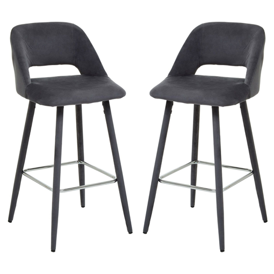 Read more about Warns grey velvet bar chairs with silver footrest in a pair
