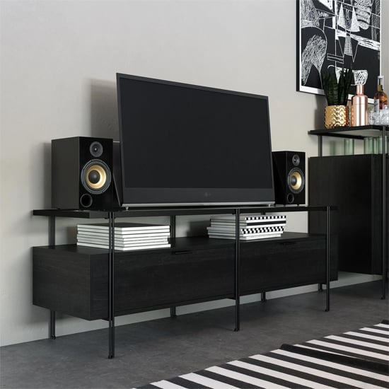 Read more about Warren glass tv stand with 2 drawers in black