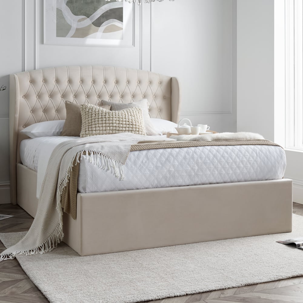 Warren Velvet Ottoman Storage Double Bed In Oatmeal