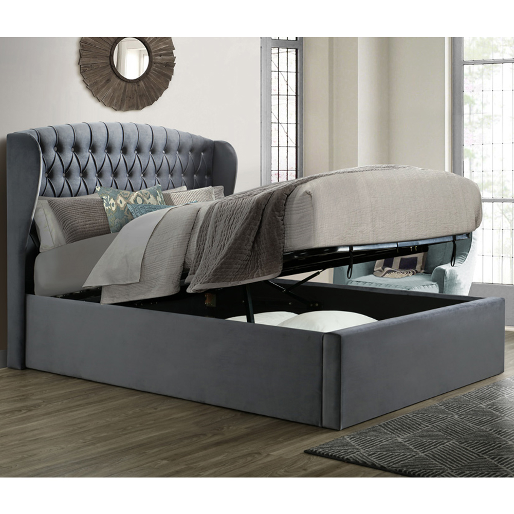 Warren Velvet Ottoman Storage King Size Bed In Grey