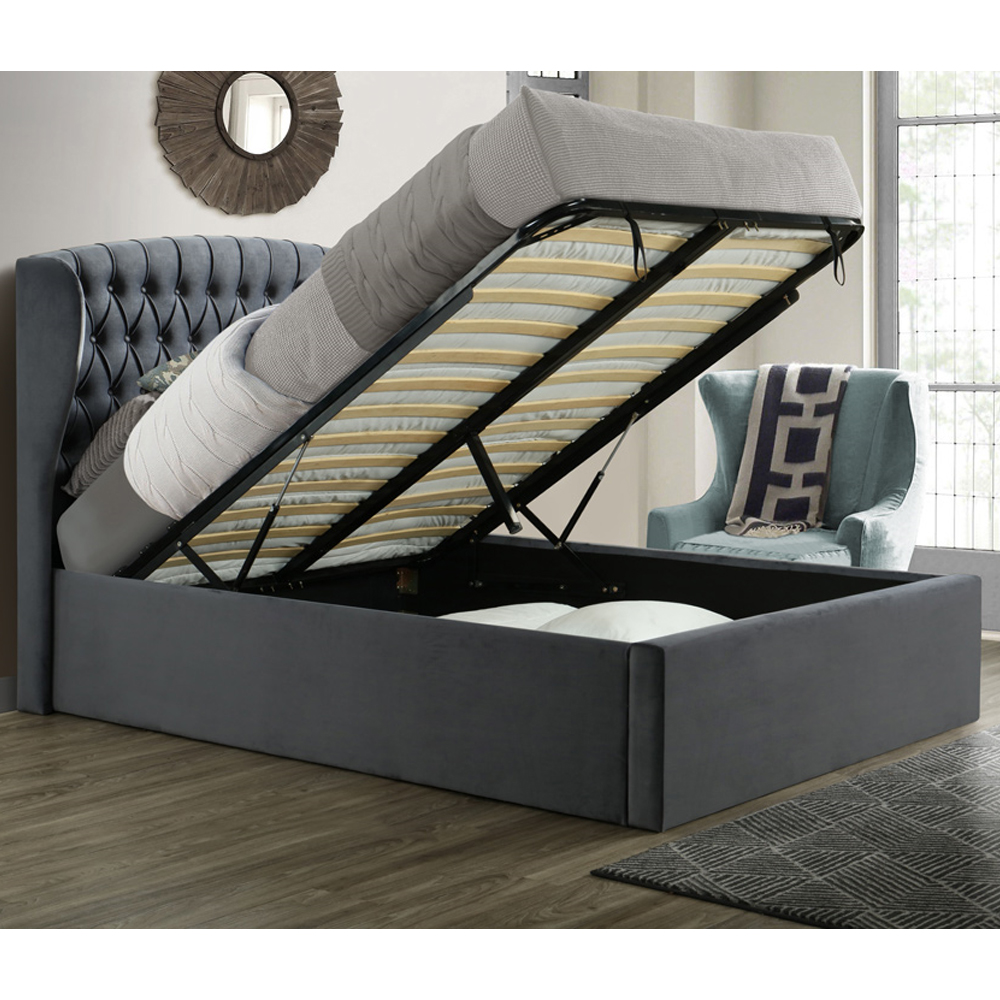 Warren Velvet Ottoman Storage King Size Bed In Grey