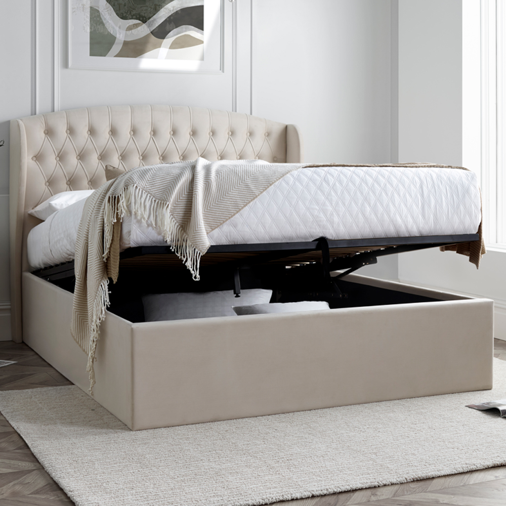 Warren Velvet Ottoman Storage King Size Bed In Oatmeal