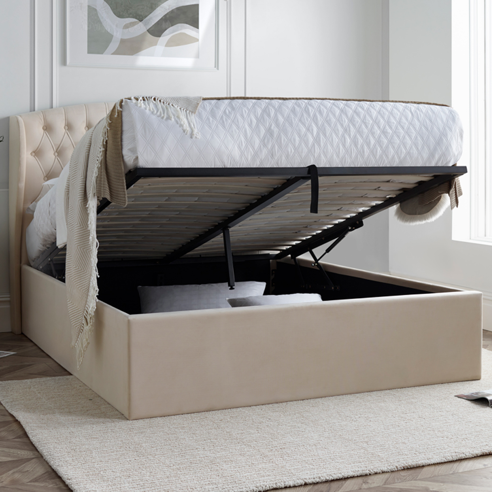 Warren Velvet Ottoman Storage King Size Bed In Oatmeal