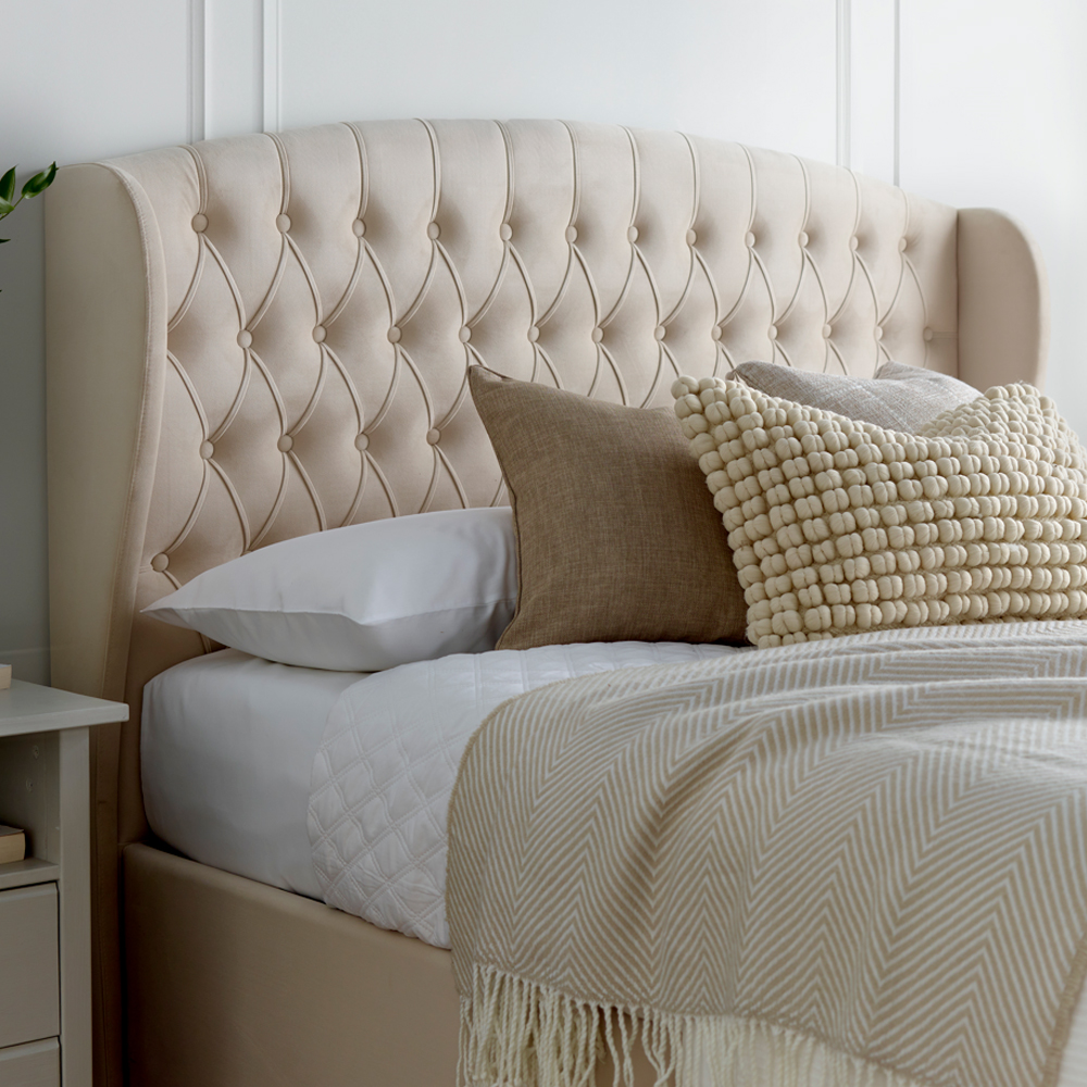 Warren Velvet Ottoman Storage King Size Bed In Oatmeal