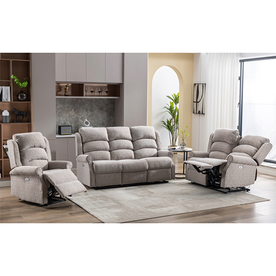 Warth Electric Fabric Recliner Sofa Suite In Natural