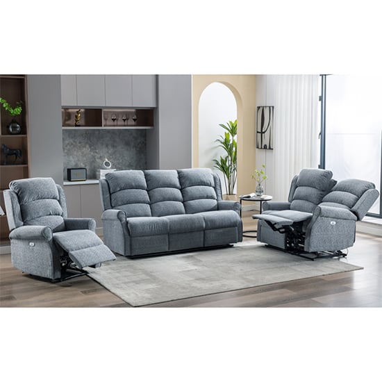 Warth Electric Fabric Recliner Sofa Suite In Steel Blue