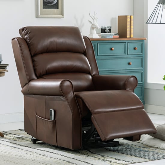 Product photograph of Warth Electric Leather Lift And Tilt Recliner Armchair In Dark Brown from Furniture in Fashion