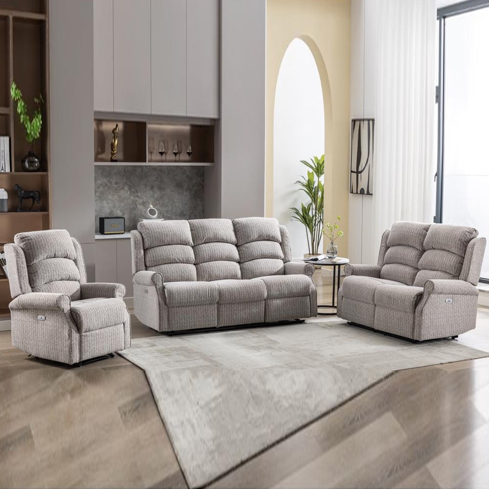 Warth Fabric Electric Recliner Sofa Suite In Natural