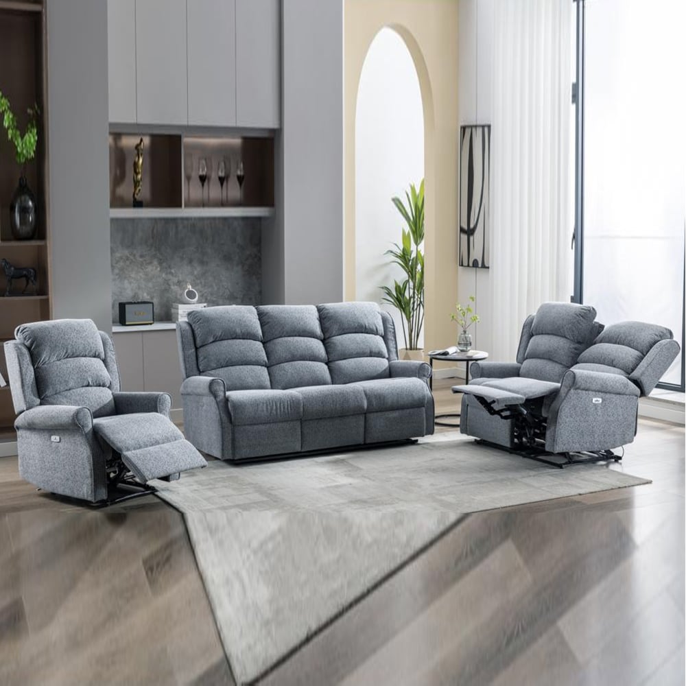 Warth Fabric Electric Recliner Sofa Suite In Steel Blue