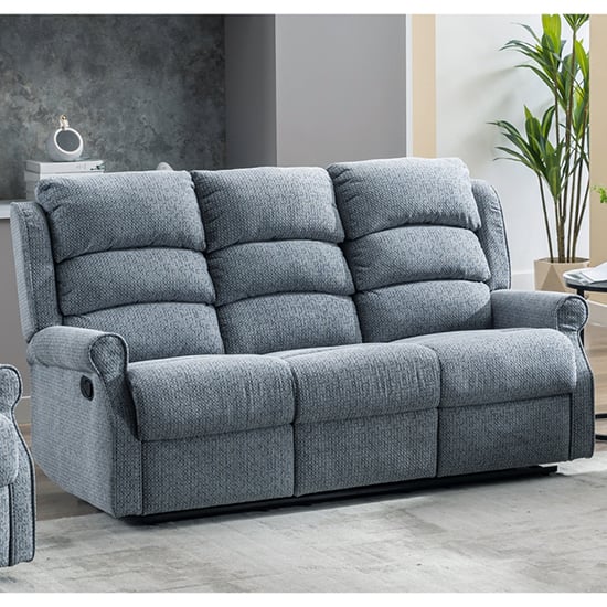 Warth Manual Fabric Recliner 3 Seater Sofa In Steel Blue