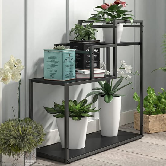 Warton Wooden Plant Stand With Metal Frame In Black