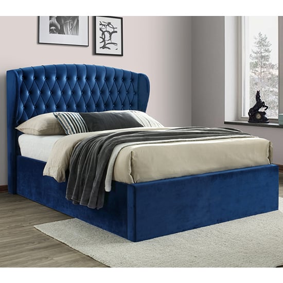 Read more about Warwick velvet ottoman storage double bed in blue