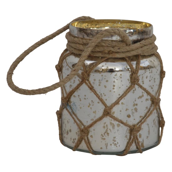 Read more about Wasilla glass jar lantern in antique mercury with rope