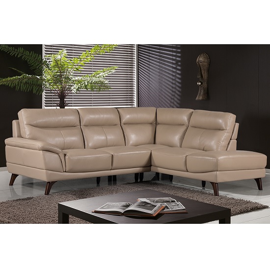 Watham Right Corner Sofa In Taupe Faux Leather With Wooden Legs