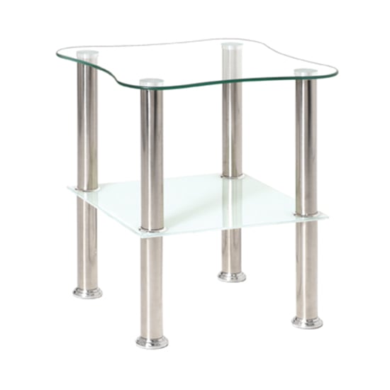 Product photograph of Watkins Square Clear Glass Side Table With White Glass Shelf from Furniture in Fashion