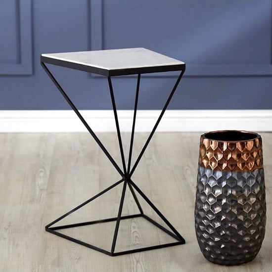 Shalom Trapezoid White Marble Top Side Table With Black Frame_1