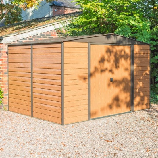 Product photograph of Watten Metal 10x12 Apex Shed With Floor In Wood Grain from Furniture in Fashion