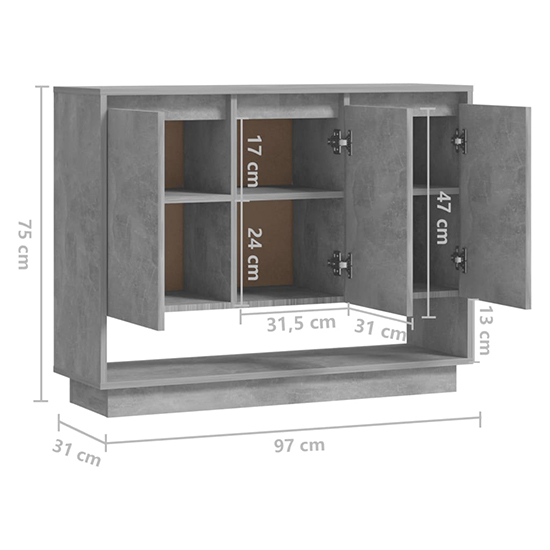 Wavery Wooden Sideboard With 3 Doors In Concrete Effect