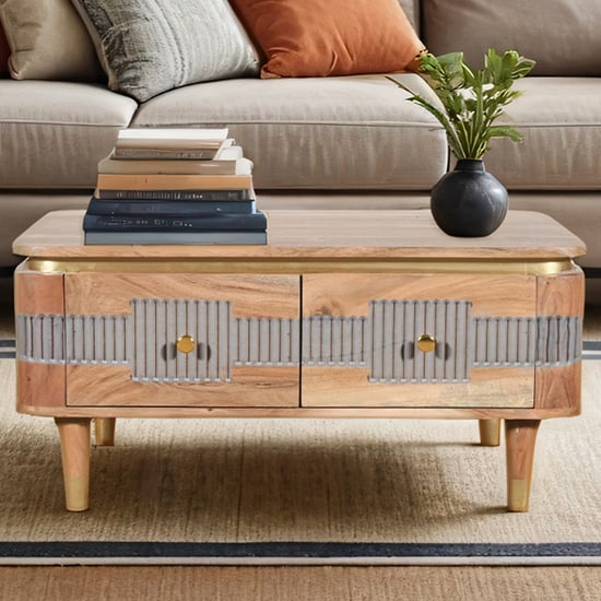 Product photograph of Wayne Acacia Wood Coffee Table 2 Drawers In Natural And Grey from Furniture in Fashion