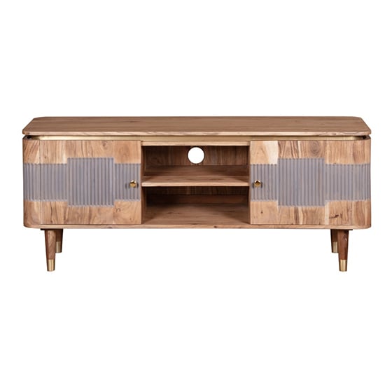 Wayne Acacia Wood TV Stand With 2 Doors In Natural And Grey