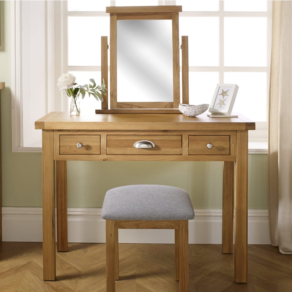 Webworms Wooden Dressing Table With Mirror And 3 Drawers In Oak