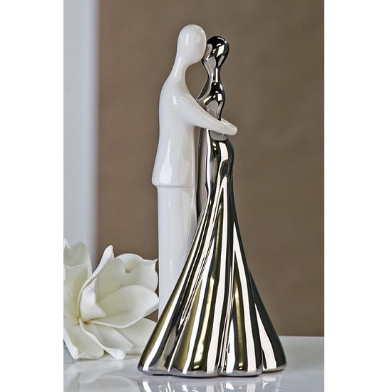 Wedding Couple Ceramic Sculpture In White And Silver