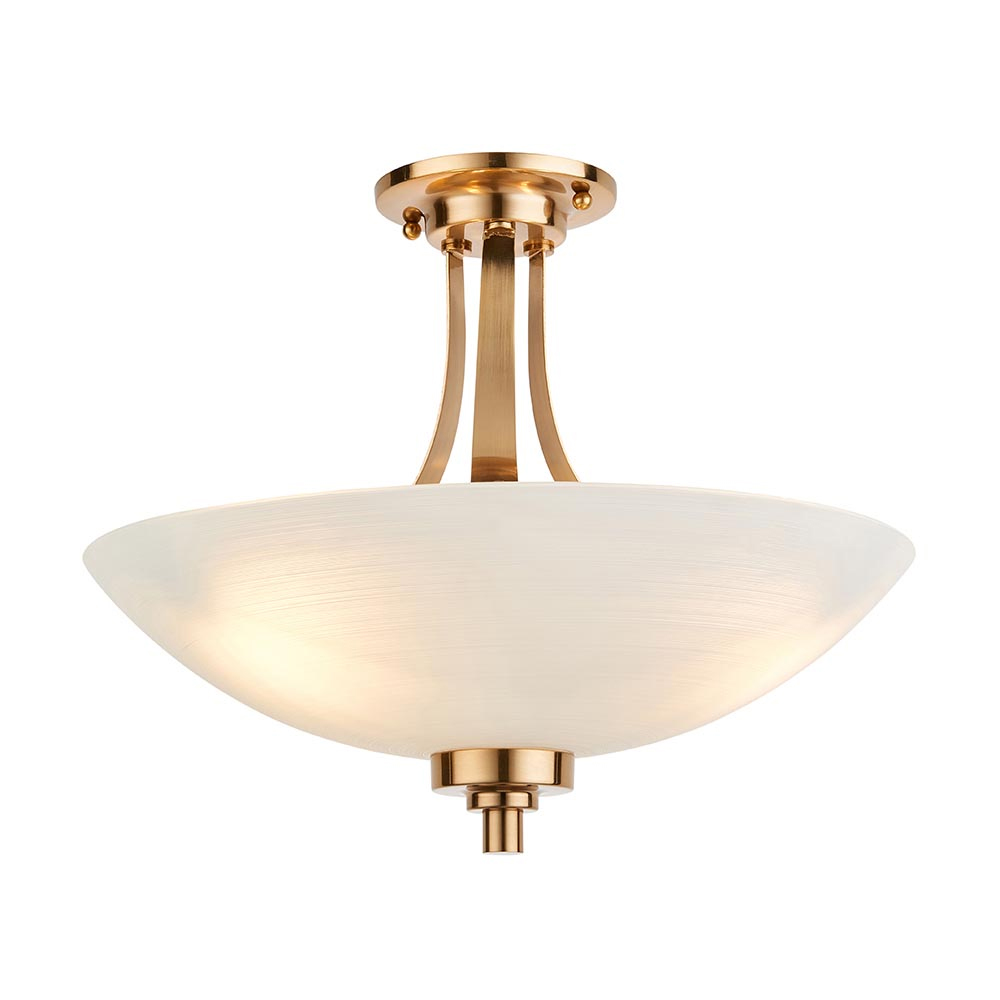 Welles 3 Lights White Glass Semi Flush Ceiling Light In Brass