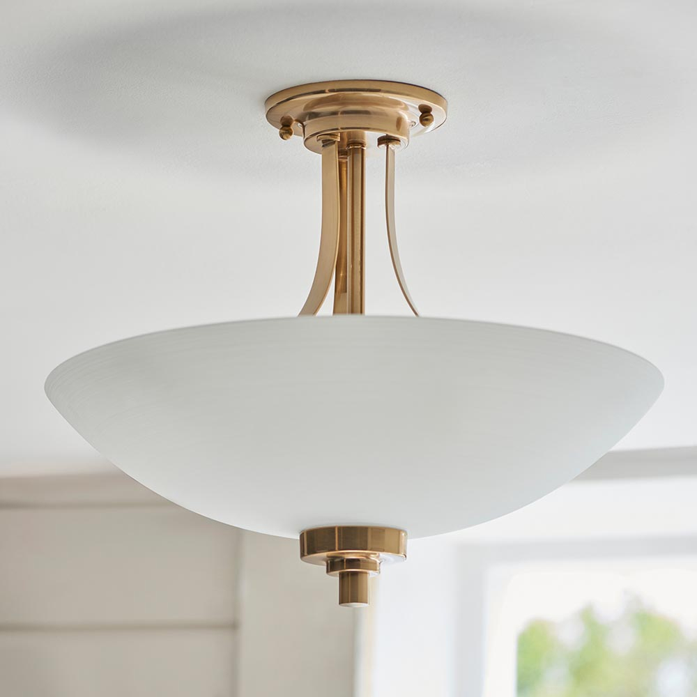 Welles 3 Lights White Glass Semi Flush Ceiling Light In Brass