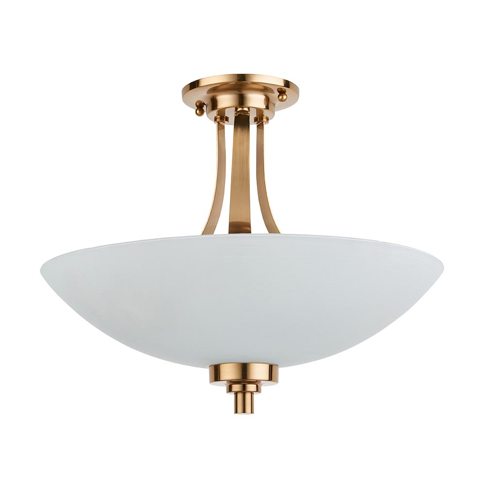 Welles 3 Lights White Glass Semi Flush Ceiling Light In Brass