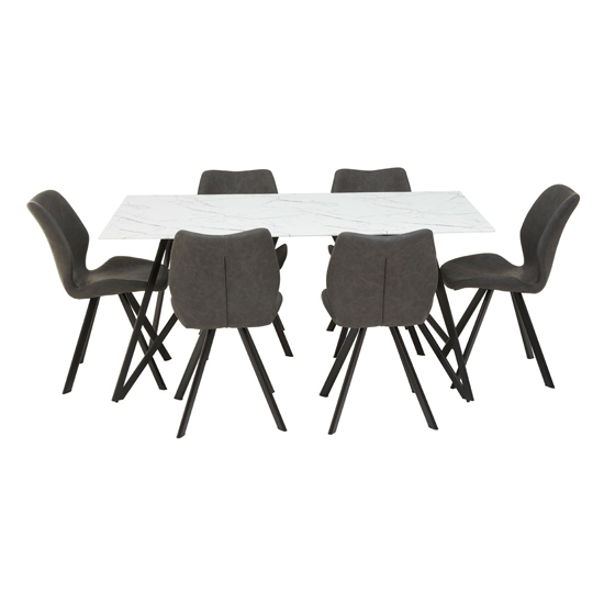 Wesko Glass Top Dining Table In White With 6 Grey Leather Chairs