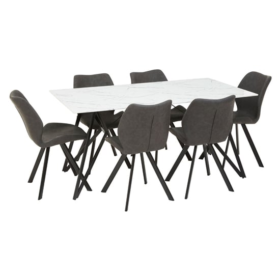 Wesko Glass Top Dining Table In White With 6 Grey Leather Chairs