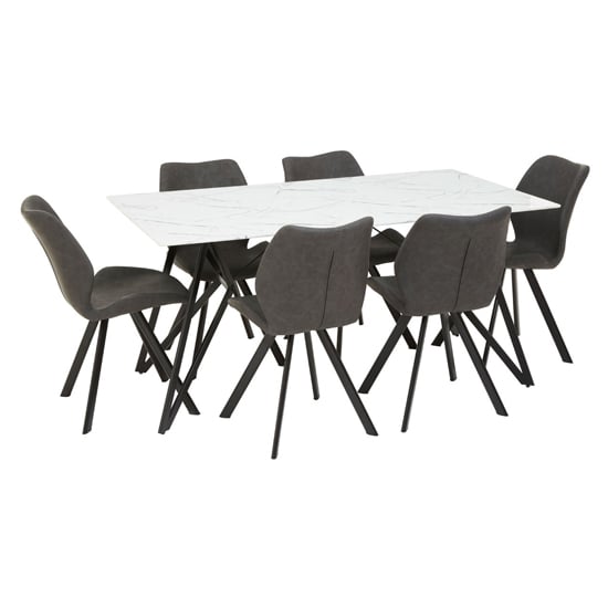 Product photograph of Wesko Glass Top Dining Table In White With 6 Grey Leather Chairs from Furniture in Fashion