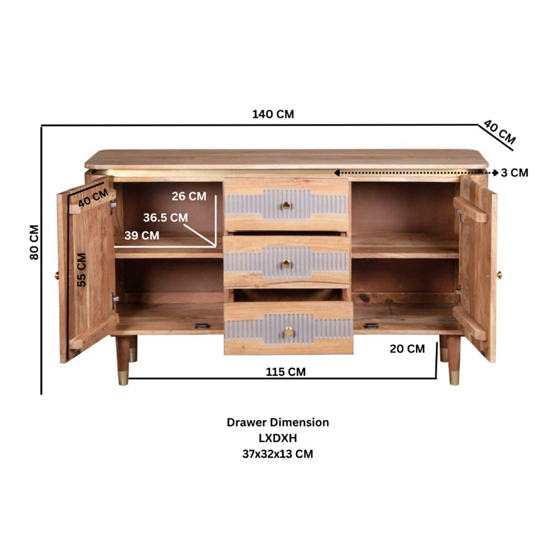 Weston Acacia Wood Sideboard 2 Doors 3 Drawers In Natural