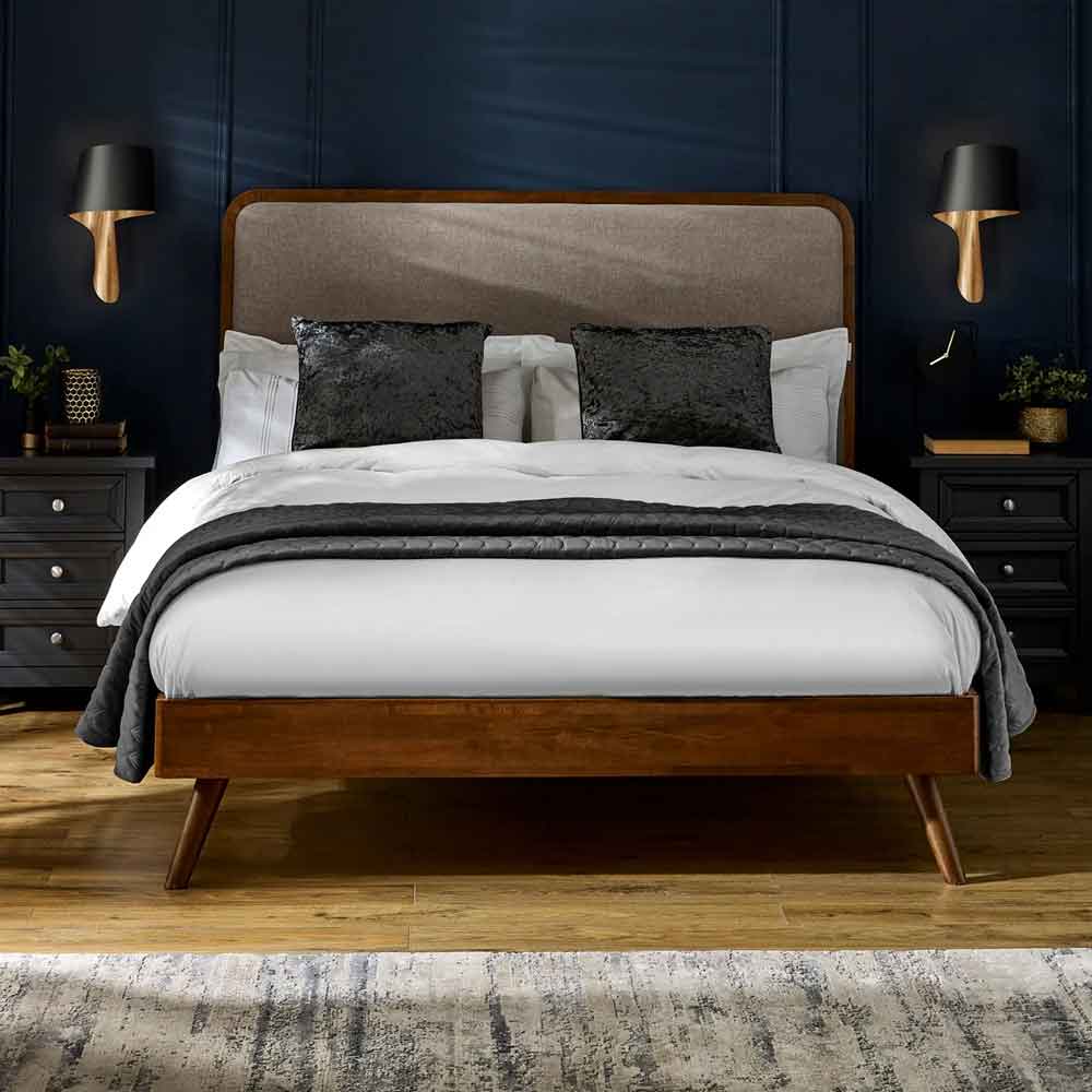 Westoria Wooden Double Bed with Chenille Headboard in Brown