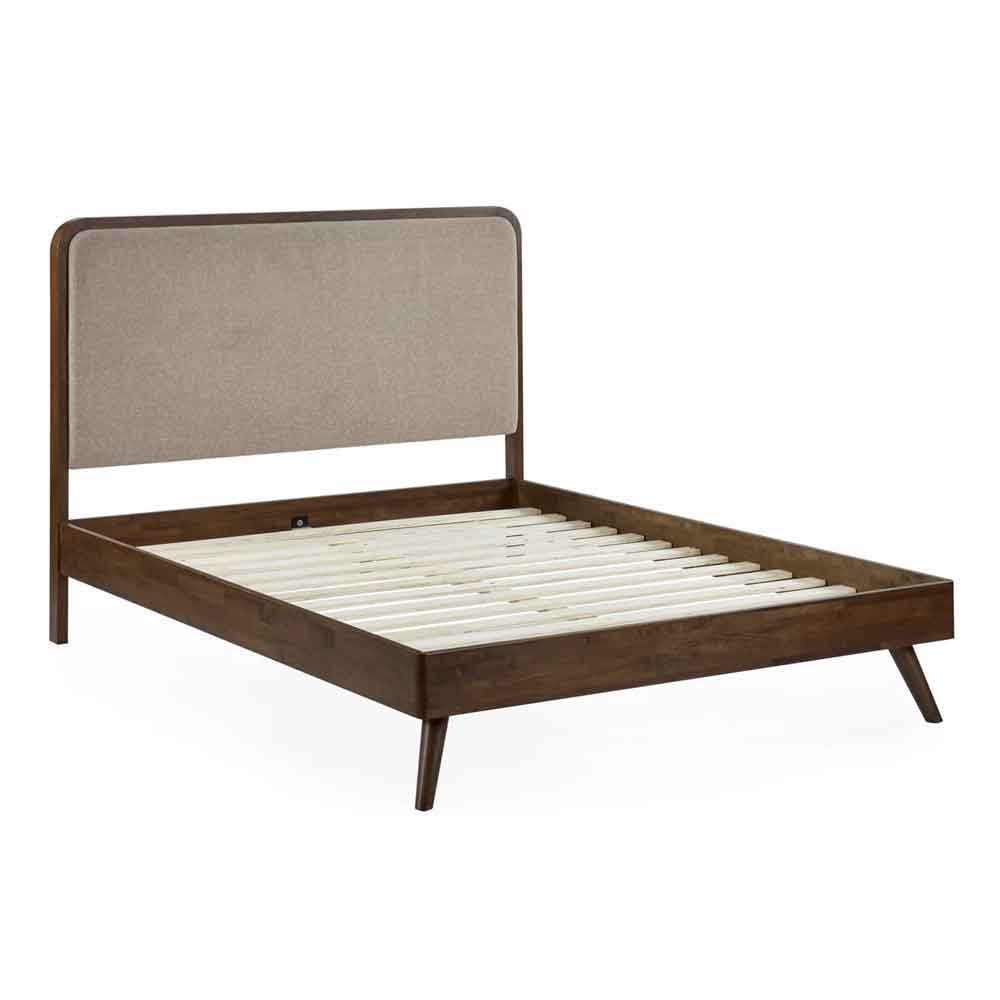 Westoria Wooden Double Bed with Chenille Headboard in Brown