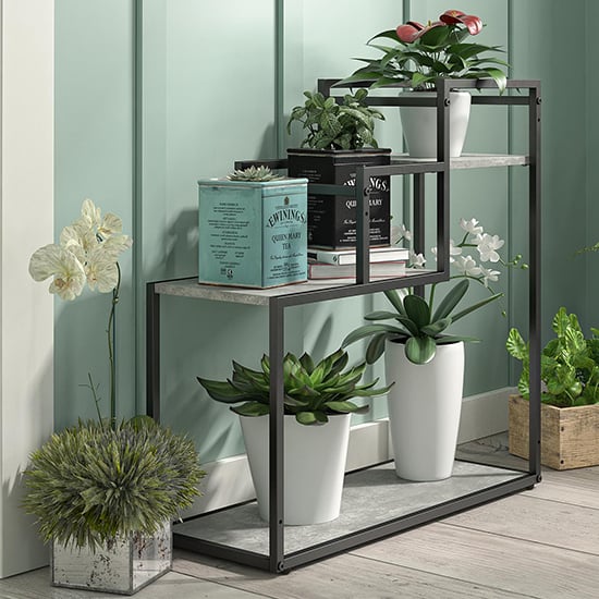 Warton Wooden Plant Stand With Metal Frame In Light Concrete_1