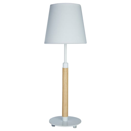 Photo of Whitly white fabric shade table lamp with natural wooden base