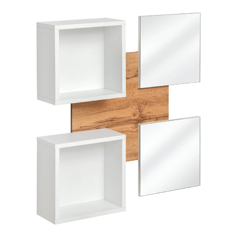 Elyria Wooden Wall Shelf With 2 Mirror In Wotan Oak And White