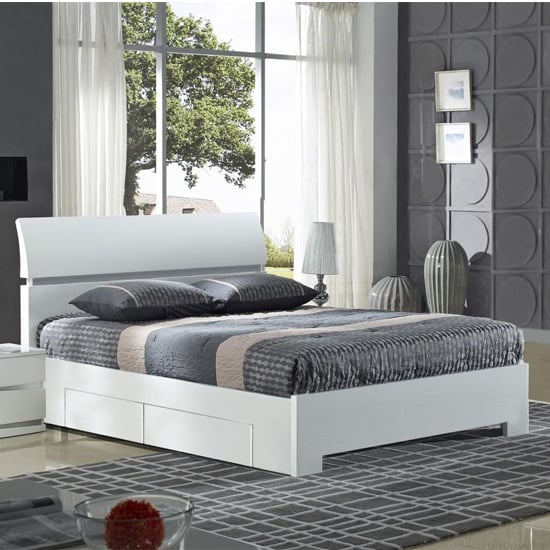 Read more about Walvia wooden double bed in white high gloss with 4 drawers
