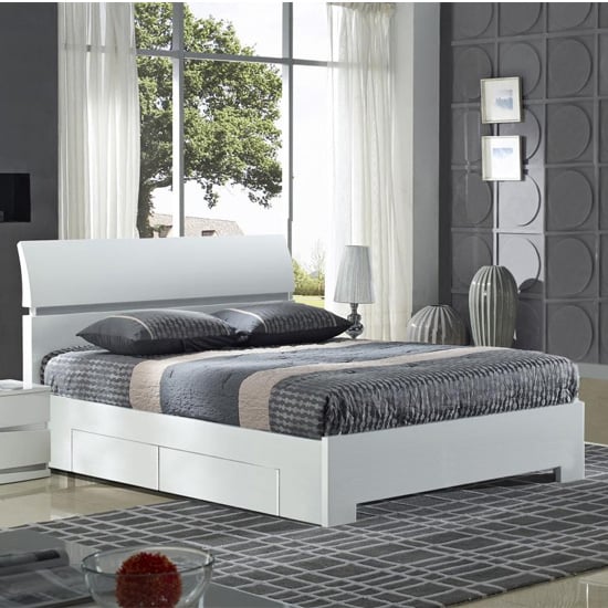 Photo of Walvia wooden double bed in white high gloss with 4 drawers