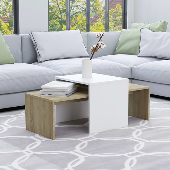 Wilde Wooden Set Of 2 Coffee Tables In White And Sonoma Oak