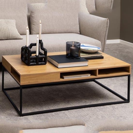Product photograph of Wilf Melamine Coffee Table With Metal Frame In Wild Oak from Furniture in Fashion