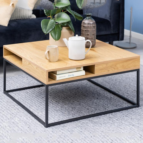 Product photograph of Wilf Melamine Coffee Table Square With Metal Frame In Wild Oak from Furniture in Fashion