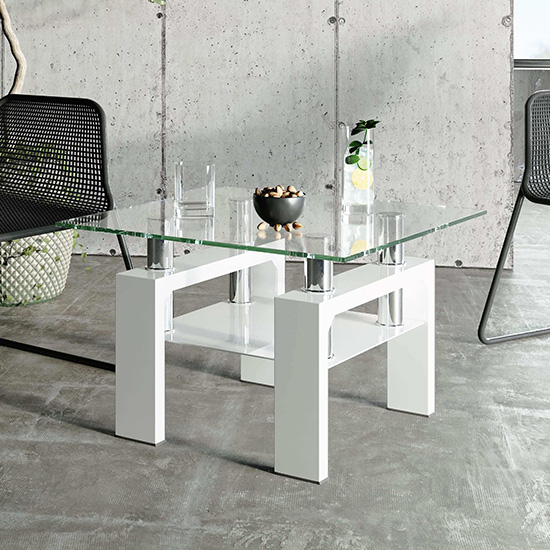 Willis Glass Side Table In Clear With White High Gloss Legs Sale