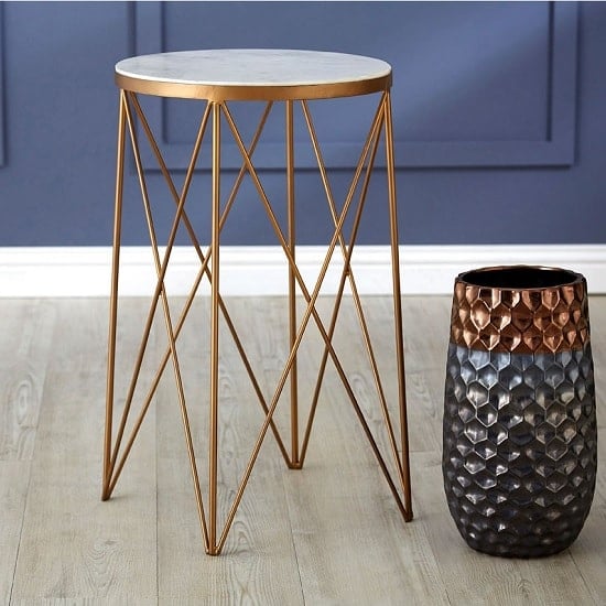 Shalom Round White Marble Top Side Table With Gold Cross Legs