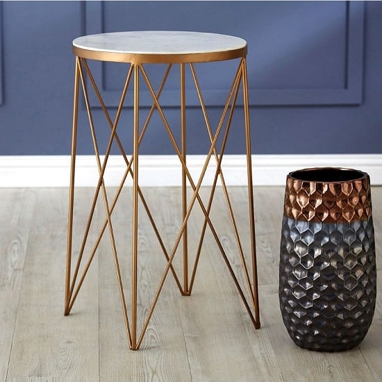 Photo of Shalom round white marble top side table with gold cross legs