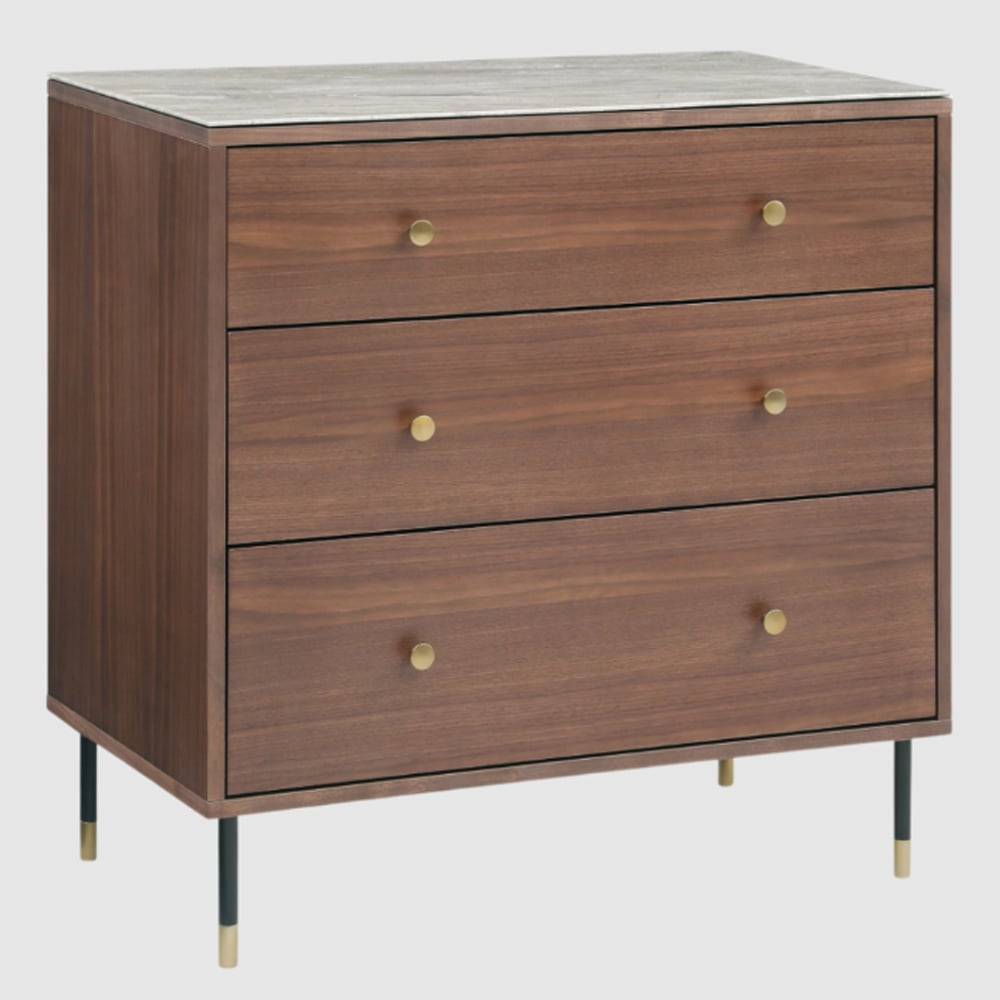 Wilmot Wooden Chest Of 3 Drawers With Marble Glass Top In Walnut