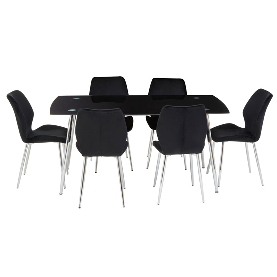 Wims Rectangular Black Glass Dining Table With 6 Velvet Chairs_2