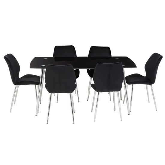 Wims Rectangular Black Glass Dining Table With 6 Velvet Chairs